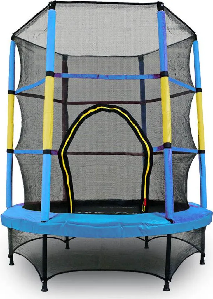 Trampoline Sécurisé 140 JF pour Petits Espaces - Finition Bleu Jaune