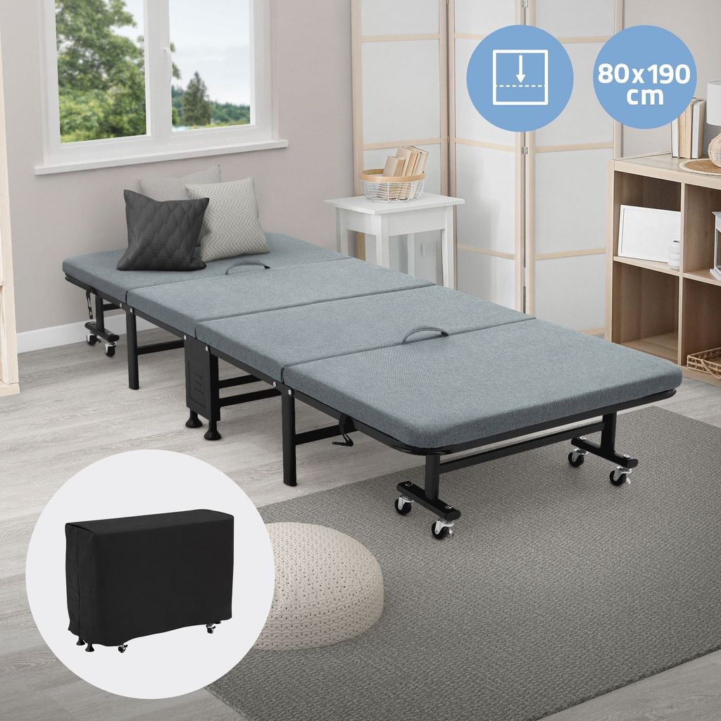 ECD Germany Gästebett 80x190 cm, Klappbares Einzelbett mit Matratze/Polster, Reisebett auf 8 Rädern, Stahlrahmen