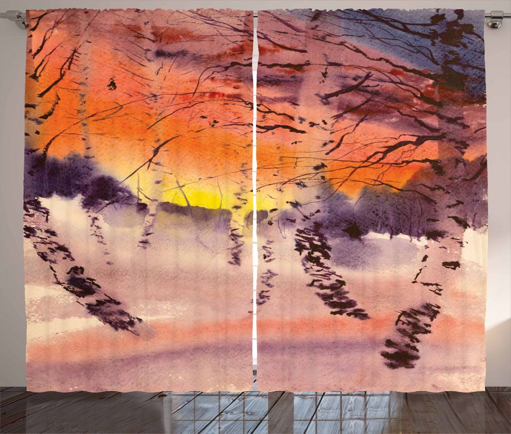 ABAKUHAUS Wald Rustikaler Gardine, Sonnenuntergang im Birken-Dschungel, Schlafzimmer Kräuselband Vorhang mit Schlaufen und Haken, 280 x 225 cm, Me...