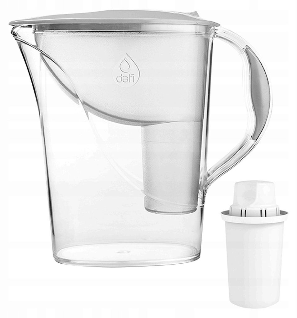 A clear product shot of a water filter pitcher and a replacement filter cartridge.