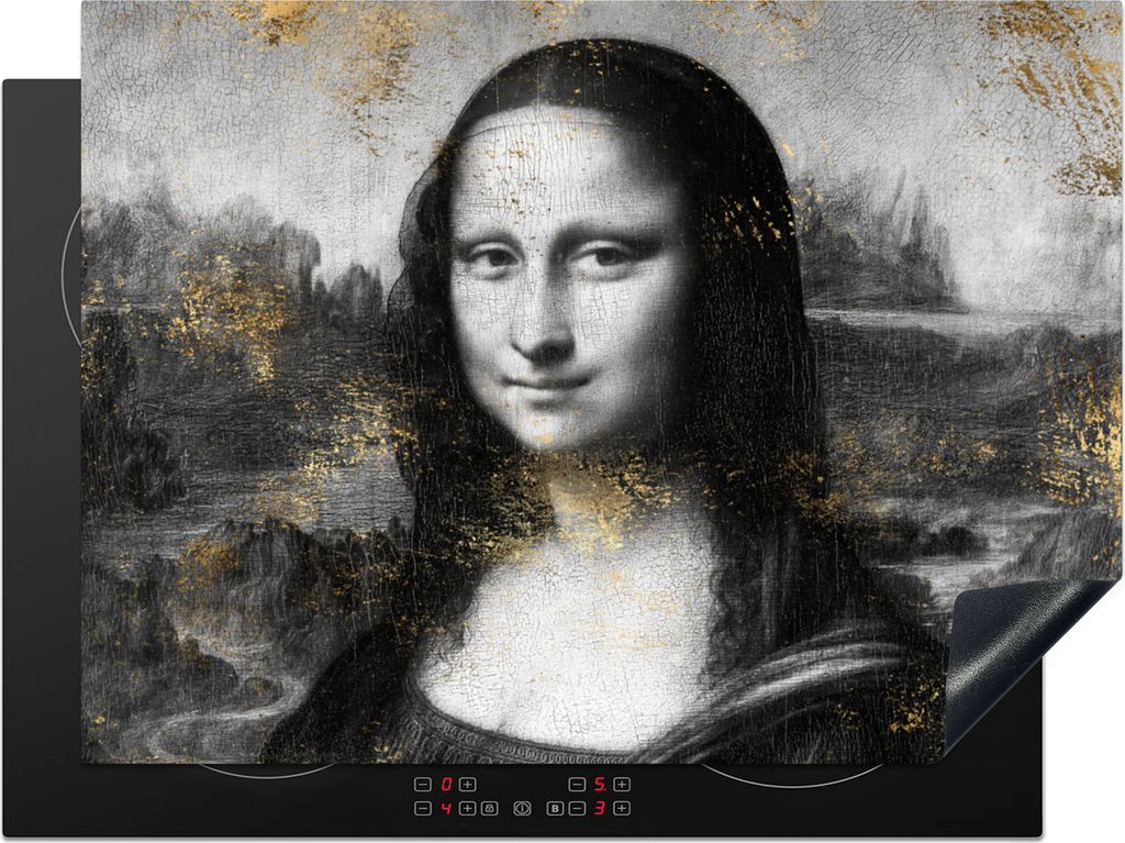KitchenYeah Herdabdeckplatte Mona Lisa - Leonardo da Vinci - Schwarz - Weiß - Gold , 71x52cm, Küche Deko, Glaskeramikfeld Herdabdeckung, Abdeck...