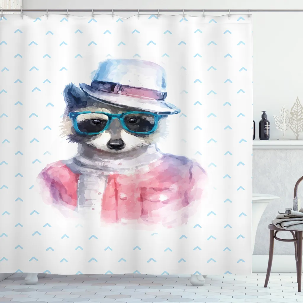 ABAKUHAUS Tenda da doccia divertente, procione hipster retrò, impermeabile, incl. 12 anelli, resistente a batteri e muffe, 175 x 200 cm, rosa e blu