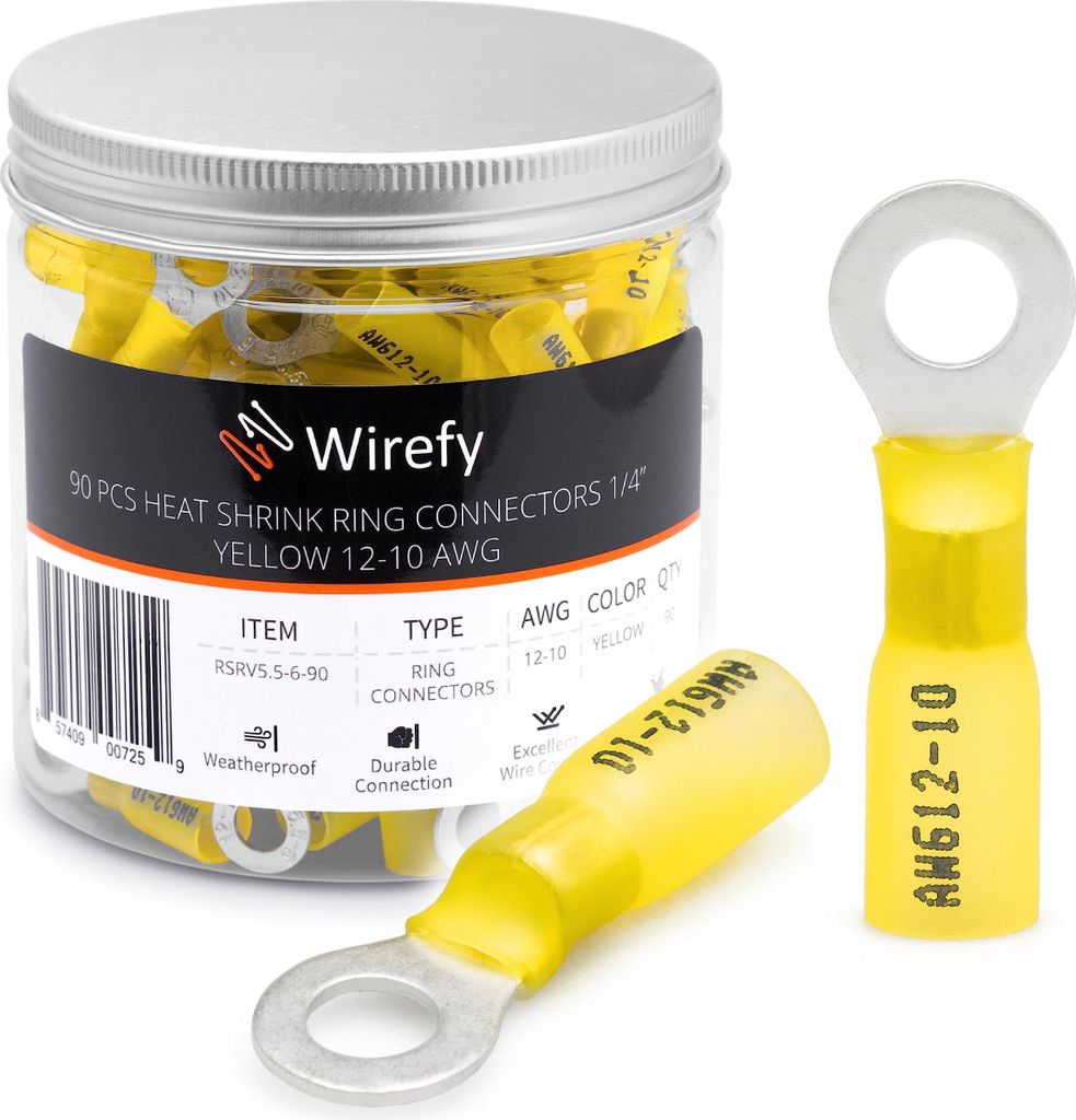 Wirefy Gelbe Ringkabelschuhe Schrumpfverbinder M6 - Lötfreie Kabelschuhe Sortiment - Ringkabelschuh Quetschverbinder 4-6 mm² - 90 Stück