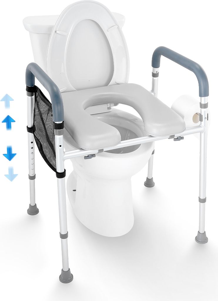 A toilet seat riser with armrests is placed over a toilet.