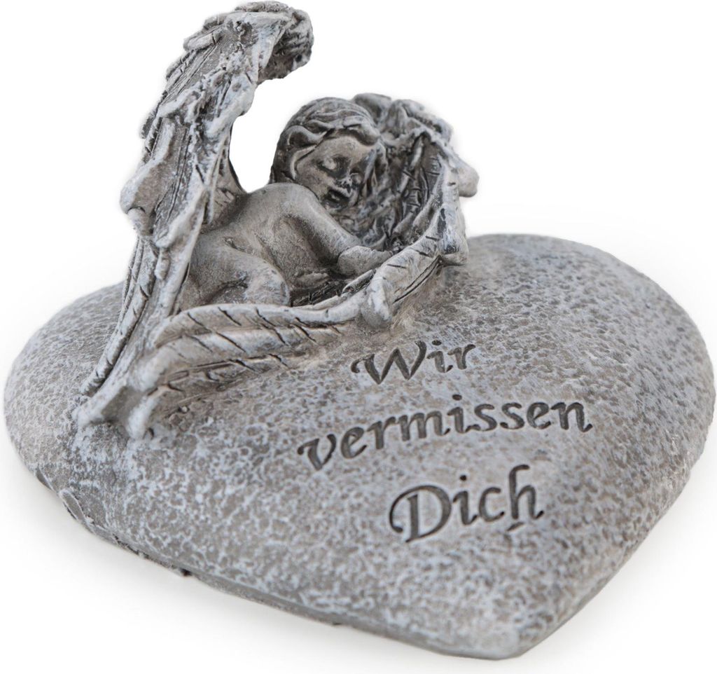 Grabengel mit Inschrift Wir vermissen Dich grau klein 10 x 10 x 6,5 cm