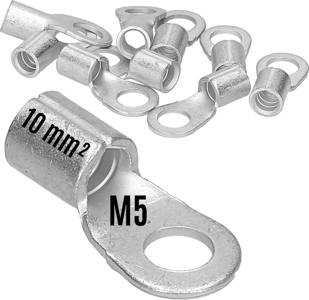 10 Stück Kalitec Q10-5 Quetschkabelschuh 10mm² M5 I Unisoliert I Dornpressung I Für mehr-, fein- und feinstdrähtige Leiter I Kabelschuh 10mm² ...
