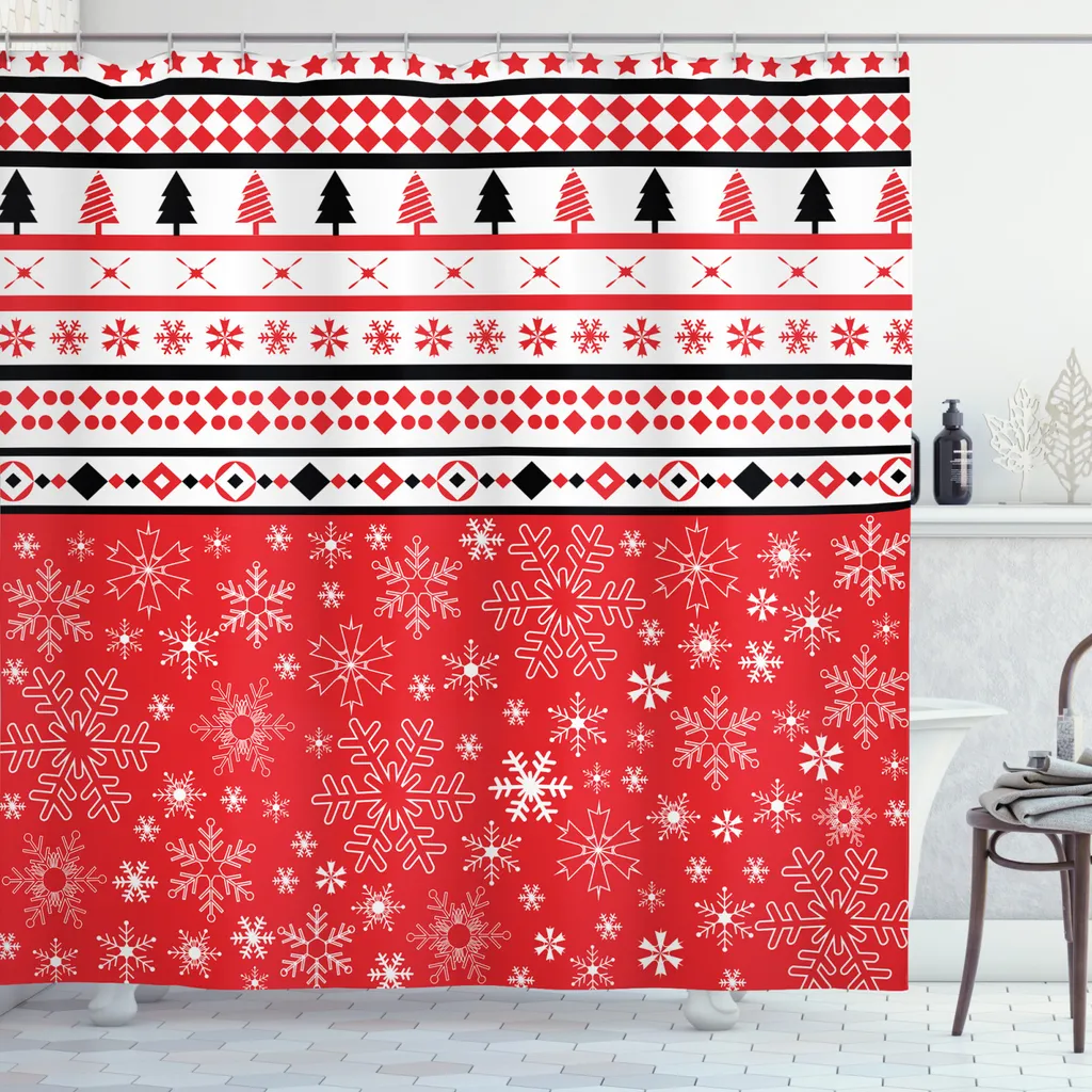 ABAKUHAUS Tenda Doccia Natalizia 175x220 - Rosso Bianco Geometrico