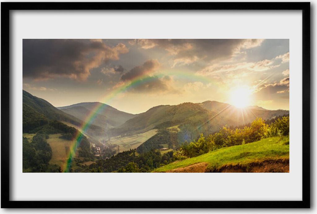 Bild 60x40 MDF-Rahmen Wandkunst Meadow Mountain Sunset