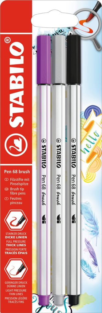 Premium-Filzstift mit Pinselspitze für variable Strichstärken - STABILO Pen 68 brush - 3er Pack - lila, mittelgrau, schwarz