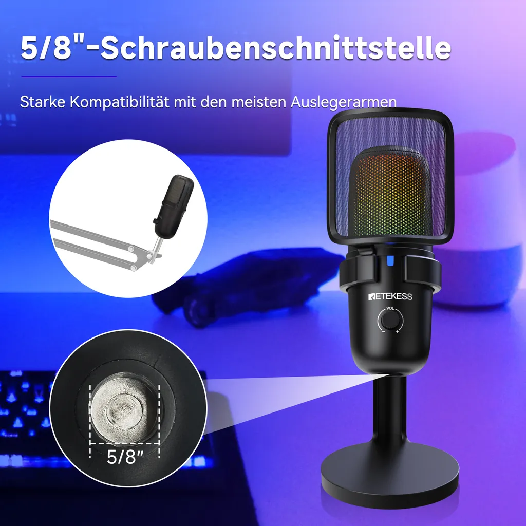 Microphone de streaming Retekess TG201 USB pour podcast et gaming PC - 6