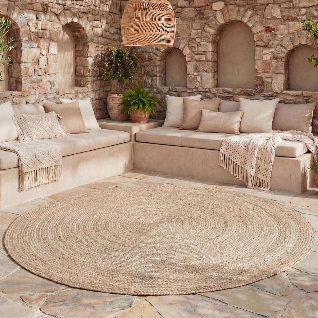 Volero - Outdoor Jute Teppich Rund - Bali Braun - Ø 120 cm - Wohnzimmer, Esszimmer, Balkon, Garten, Terrasse - Boho, Ländlich