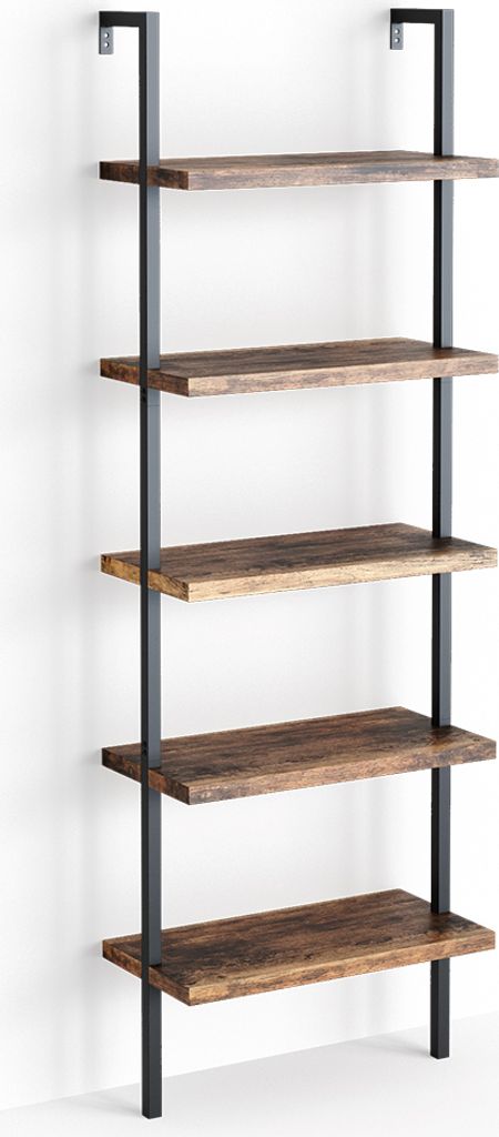 A tall, narrow bookshelf with five shelves, mounted against a white wall.