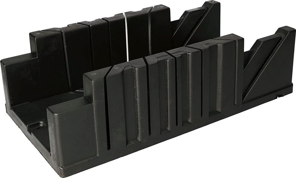A black plastic miter box is shown against a white background.