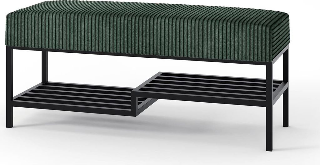A modern bench with a ribbed green corduroy seat and a black metal frame, featuring two shelves below for storage.