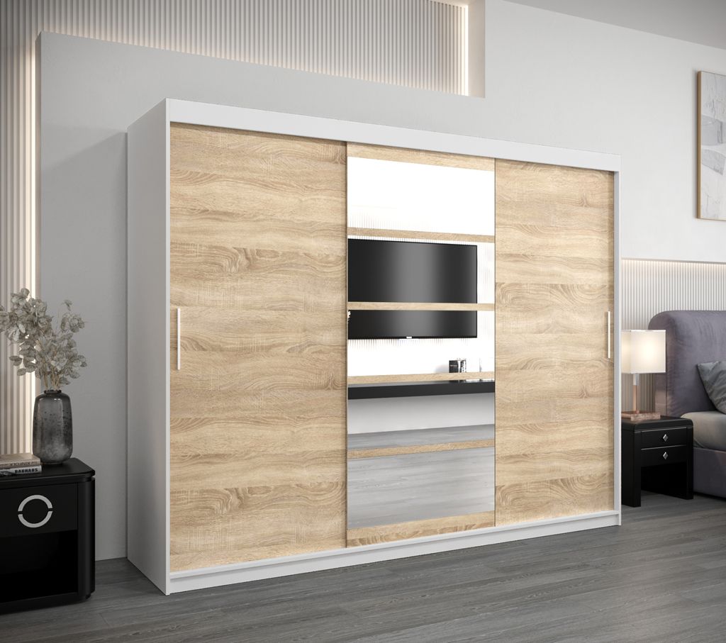 Kleiderschrank mit Schiebetüren LILY – Breite 250 cm, weiß/sonoma Eiche