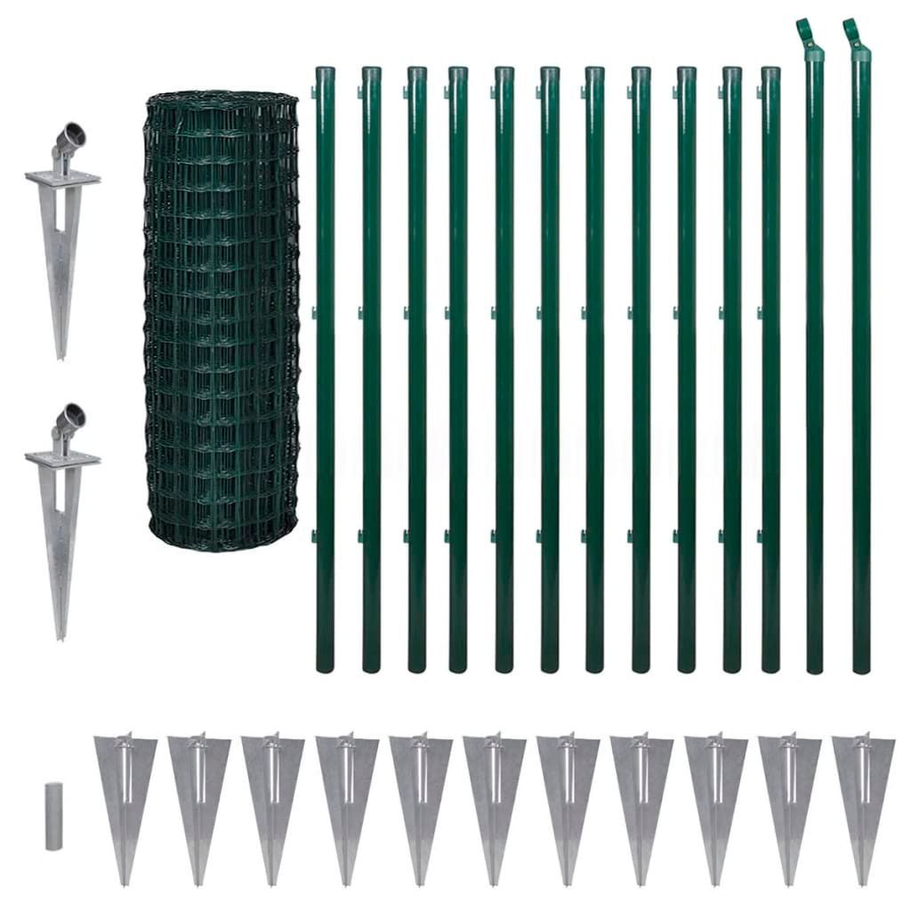 A set of fencing components including a roll of green mesh, green fence posts, and silver ground stakes, arranged on a white background.