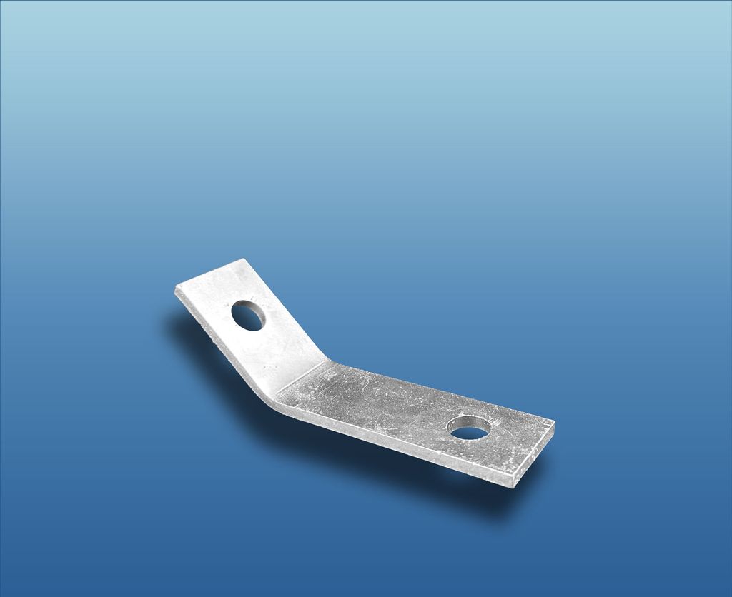 A metal bracket with two holes against a gradient blue background.