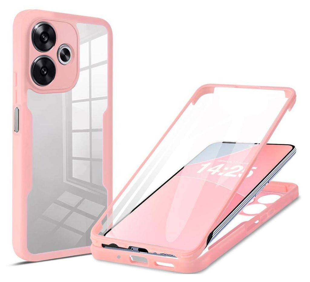 A pink and clear phone case is shown in two configurations: one assembled and one disassembled to show how a phone fits inside.
