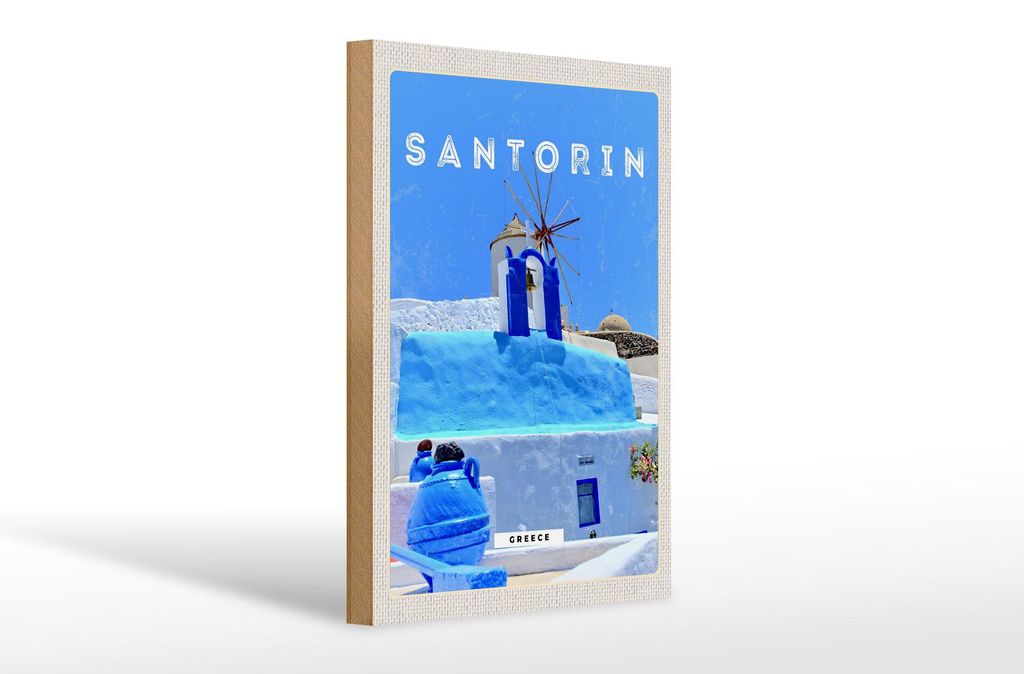 Holzschild Reise 20x30cm Santorini Greece Griechenland blau