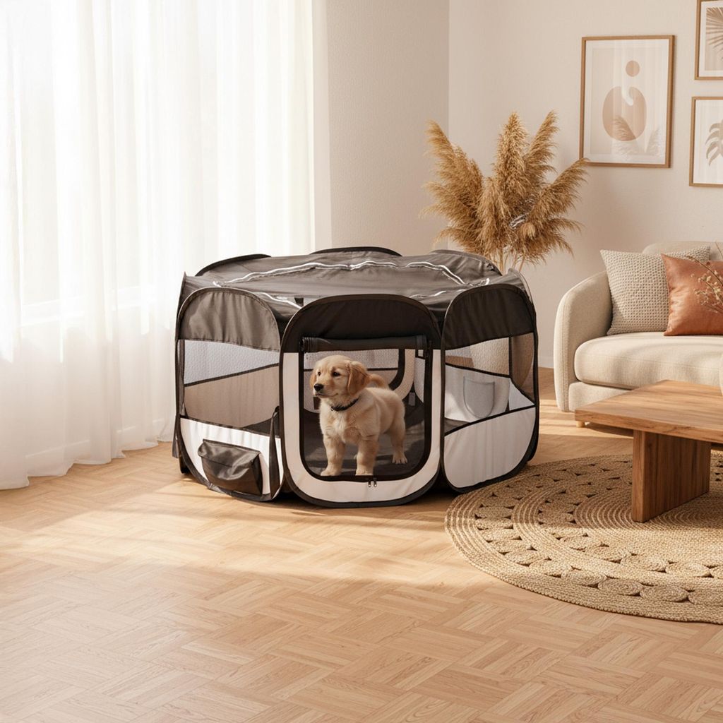 belviona Welpenauslauf, faltbares Freilaufgehege für drinnen & draußen, mit Transporttasche, 110 cm Durchmesser, 64 cm Höhe, schwarz/beige