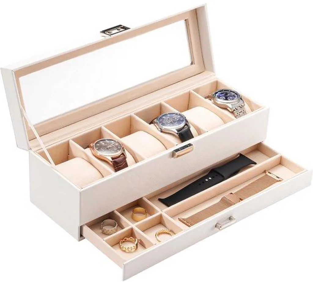 Rangement montres blanc 6 places avec vitrine en verre et tiroir à bijoux Série W