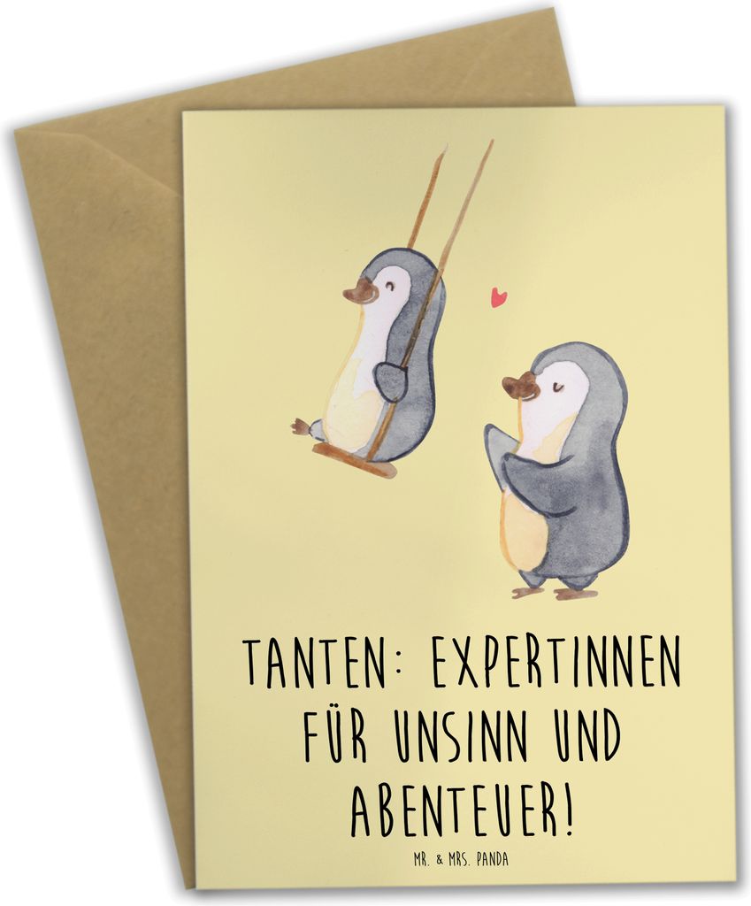 Mr. & Mrs. Panda Grußkarte Tante Abenteuer - Gelb Pastell - Geschenk, einladungskarten, Neffe, osterkarte, Weihnachten, Verwandtschaft, spielen, w...
