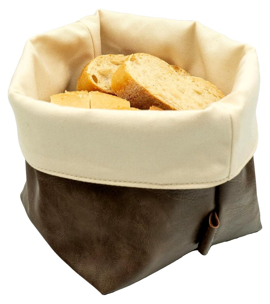 Brotkorb aus Kunstleder und Baumwolle | zweifarbig mit Ziernaht, abwaschbar und hygienisch, Kunstleder in Lederoptik für die Aufbewahrung von Brot...