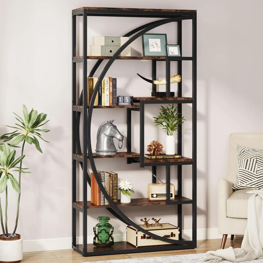 Bücherregal im Industriestil - Etagere 5 Ebenen - 180 cm hoch - 8 offene Fächer - Holz - Rustikalbraun