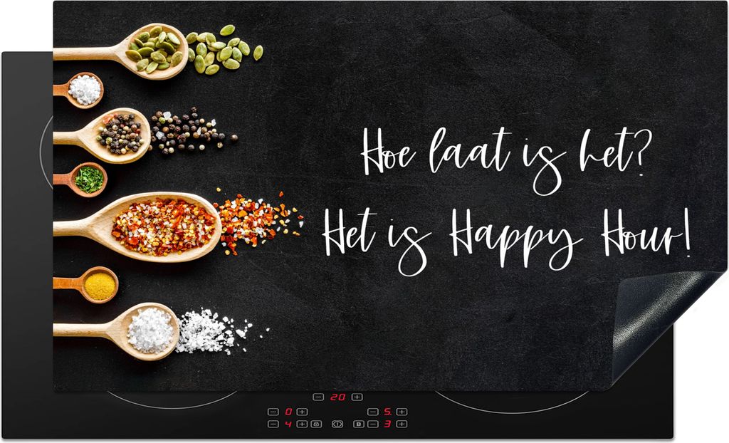 KitchenYeah Herdabdeckplatte Wie spät ist es? Es ist Happy Hour! - Küche - Sprichwörter - Zitate - Kräuter , 91x52cm, Küche Deko, Glaskerami...