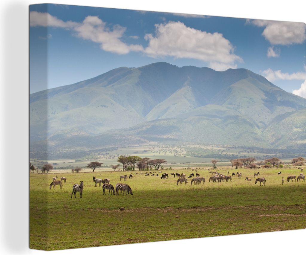 OneMillionCanvasses - Leinwandbilder - 140x90 cm, Wilde Tiere grasen in der Savanne des Serengeti-Nationalparks, Wandbilder Kunstdruck Wanddekora...