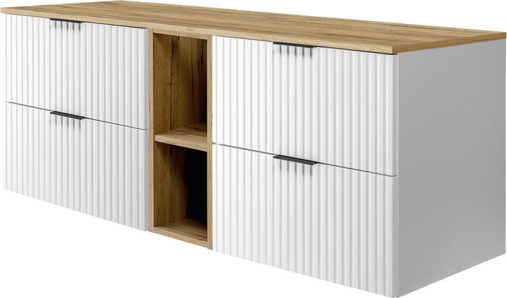 Badezimmerschrank, Weiß / Eiche Craft + schwarzer Griff, 140 x 57 x 46 cm