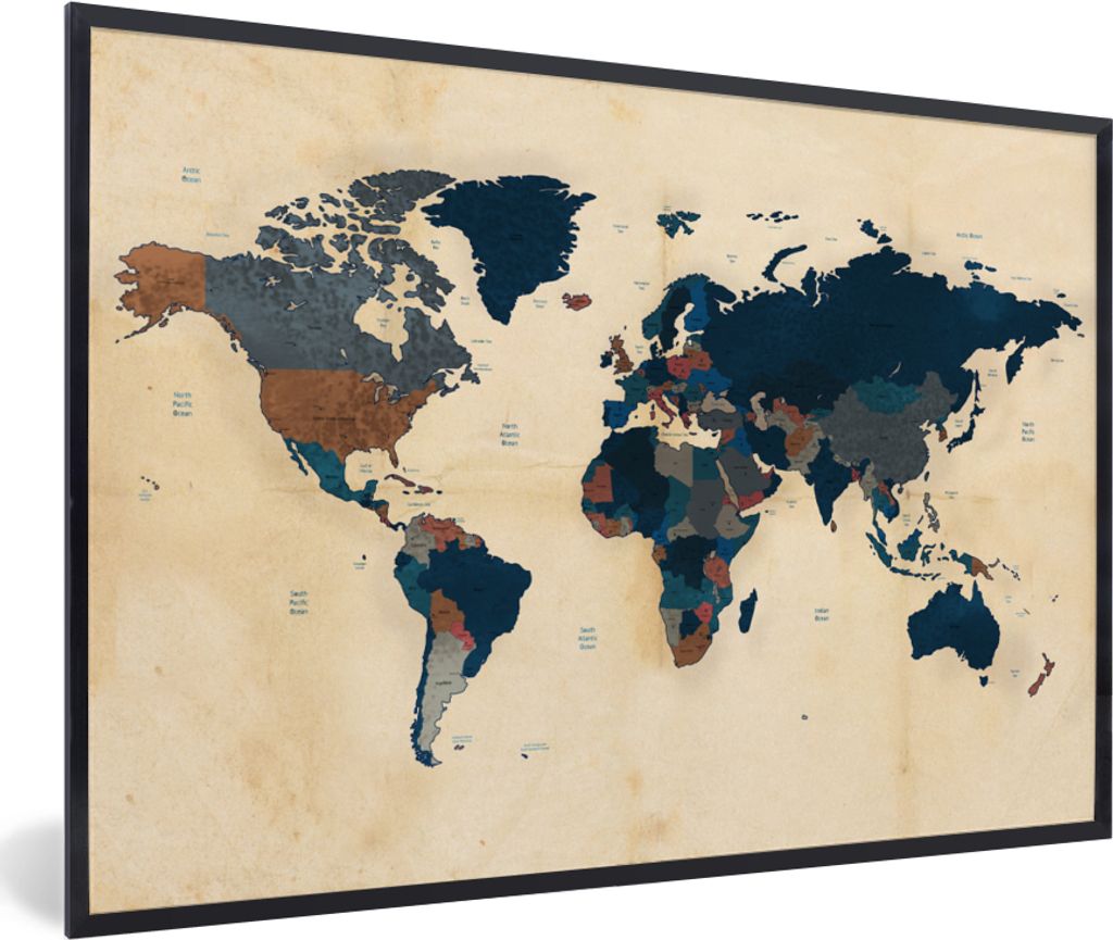 MuchoWow Gerahmtes Poster Weltkarte - Vintage - Papyrus - Kinder - Jungen - Mädchen 60x40 cm - Poster mit Schwarzem Bilderrahmen Wandposter Rahm...