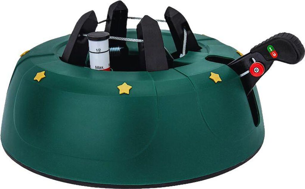 A green Christmas tree stand with yellow stars on its base and a black lever mechanism on the side.