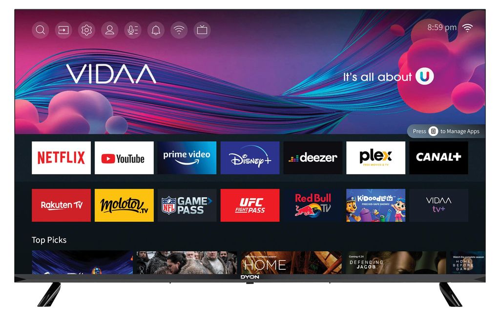 A smart TV screen displaying various app icons and a promotional image.
