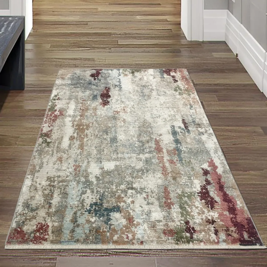 Tapis abstrait aspect soie brillant et doux crème rouge - 80x150 cm