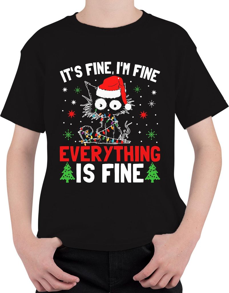 It's Fine I'm Fine Weihnachten Katze Lichter lustig Geschenk Uni Kinder T-Shirt, Schwarz, 128