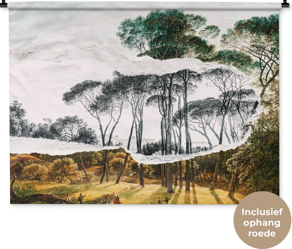 MuchoWow Wandteppich Wandbehang Italienische Landschaft Schirmkiefern - Kunst - Hendrik Voogd - Malerei - Schwarz-Weiß - Alte Meister 150x112 cm...