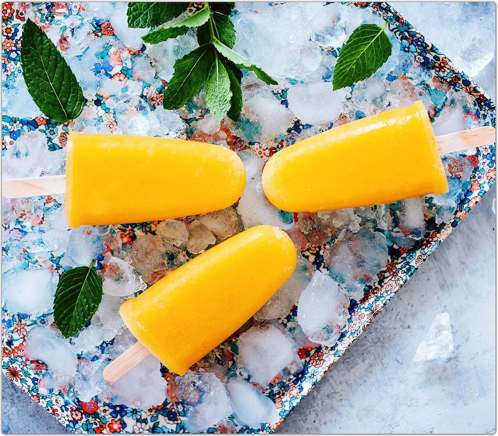 Spritzschutz Herdabdeckplatte Schneidebrett aus Glas Mango Bananen Eis 1-Teilig (60x52cm)