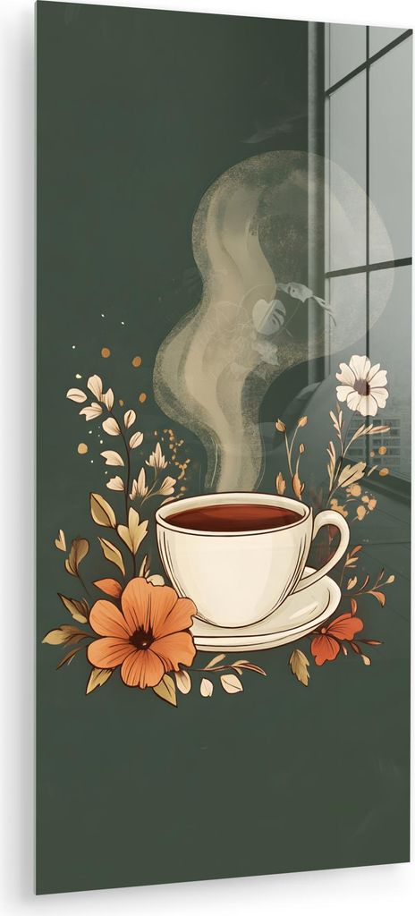 MuchoWow Glasbilder - Bilder auf Wandbild - Foto auf Glas Tasse - Blumen - Grün - Kaffee 60x120 cm Wanddekoration aus Glas - Acrylglasbild - Acryl...