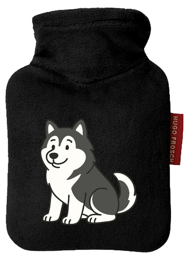 Huuraa Mini-Wärmflasche Alaskan Malamute Comic Mali 0,2 Liter Black Mini Veloursbezug Taschenwärmer Geschenkidee