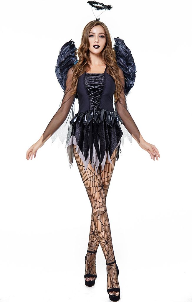Halloween Kostüm Dark Angel Fallen Angel Cosplay Set Damen Kleidung Gothic Hexe Kostüm Kopfbedeckung Flügel Set Evil Ghost Bride Party Outfit