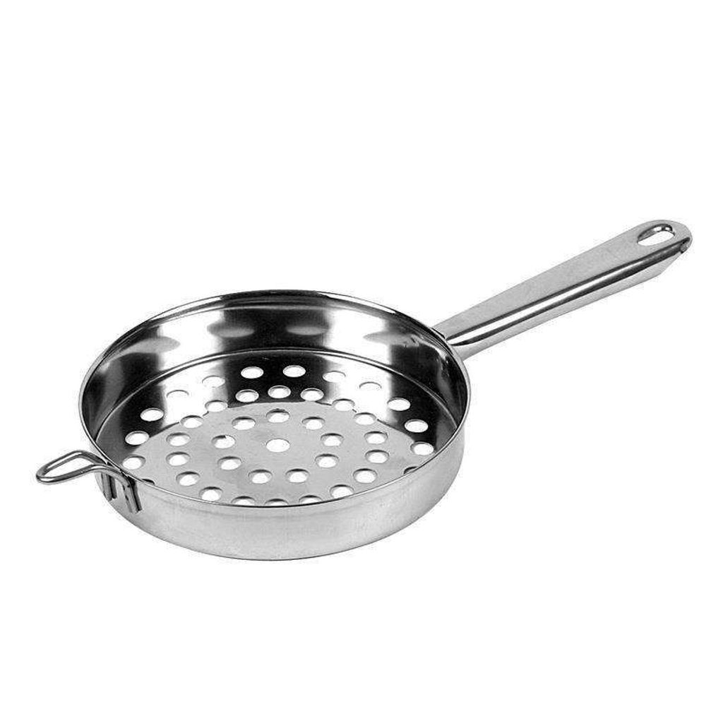 A stainless steel colander with a long handle, shown against a white background.