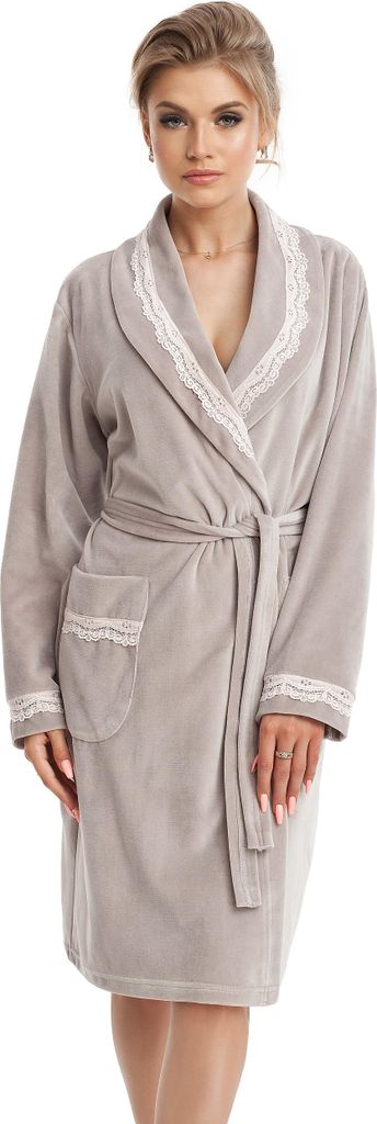 LEVERIE 220 Damen Bademantel mit Bindegürtel und Taschen, Beige mit Spitzen-Details Gr. XL