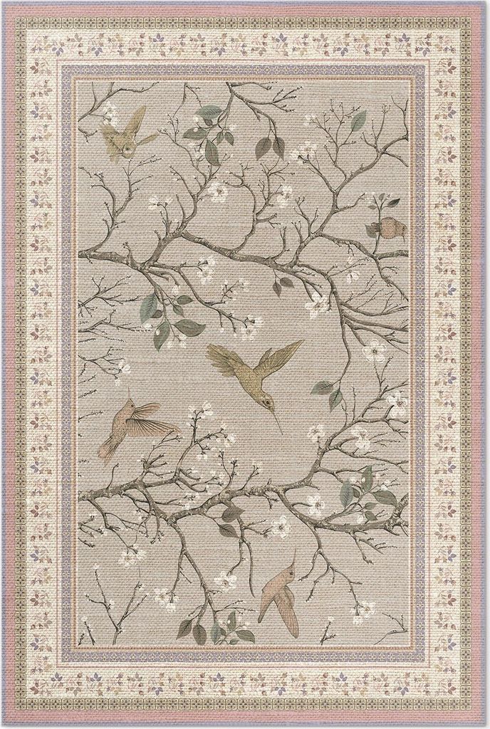 Zarte florale Kulisse mit Vögeln – Vinyl Fußmatte – 60x90 cm – Rutschfest, Pflegeleicht & Langlebig