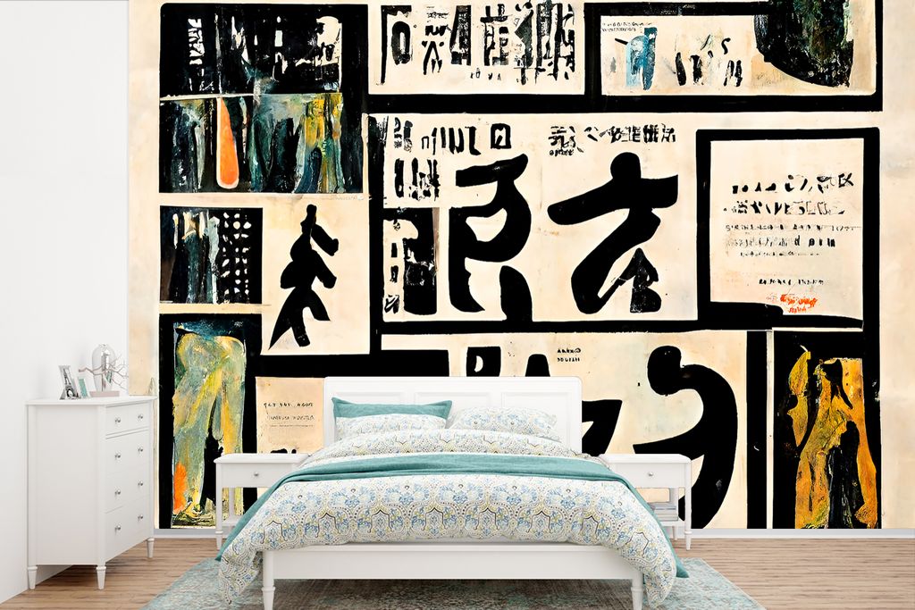 MuchoWow Fototapete für Wohnzimmer oder Schlafzimmer Wandtapete Vinyl Motivtapete Japan - Zeitung - Vintage - Zitat - 420x280 cm - Zimmer für K...