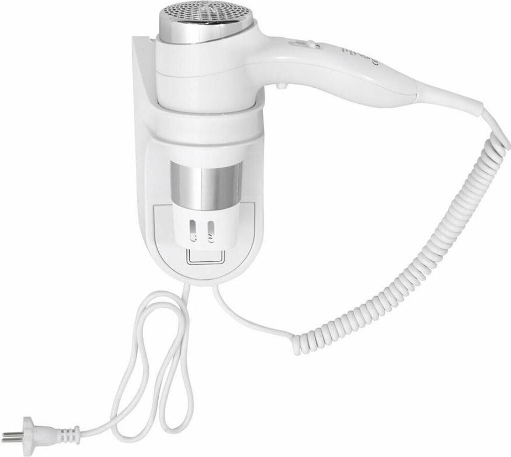A white wall-mounted hairdryer with a coiled cord and plug.