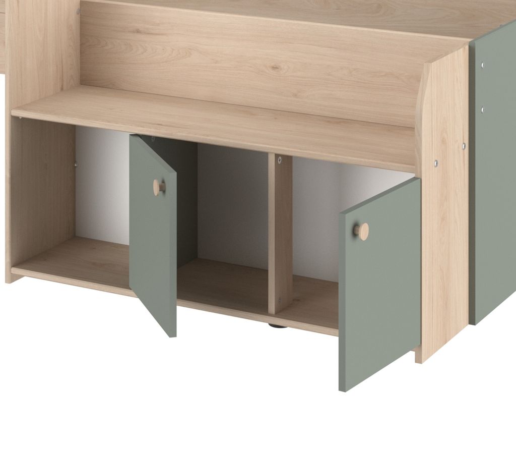 A close-up view of the lower section of a bed frame with storage compartments.