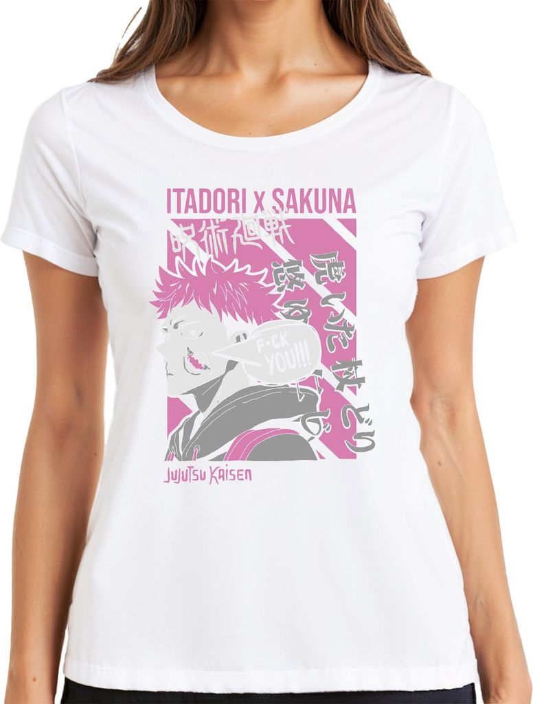 FUCK YOU Jujutsu Kaisen Itadori Yuji Sakuna Anime Ästhetik Pink Damen T-Shirt, Weiß, XL