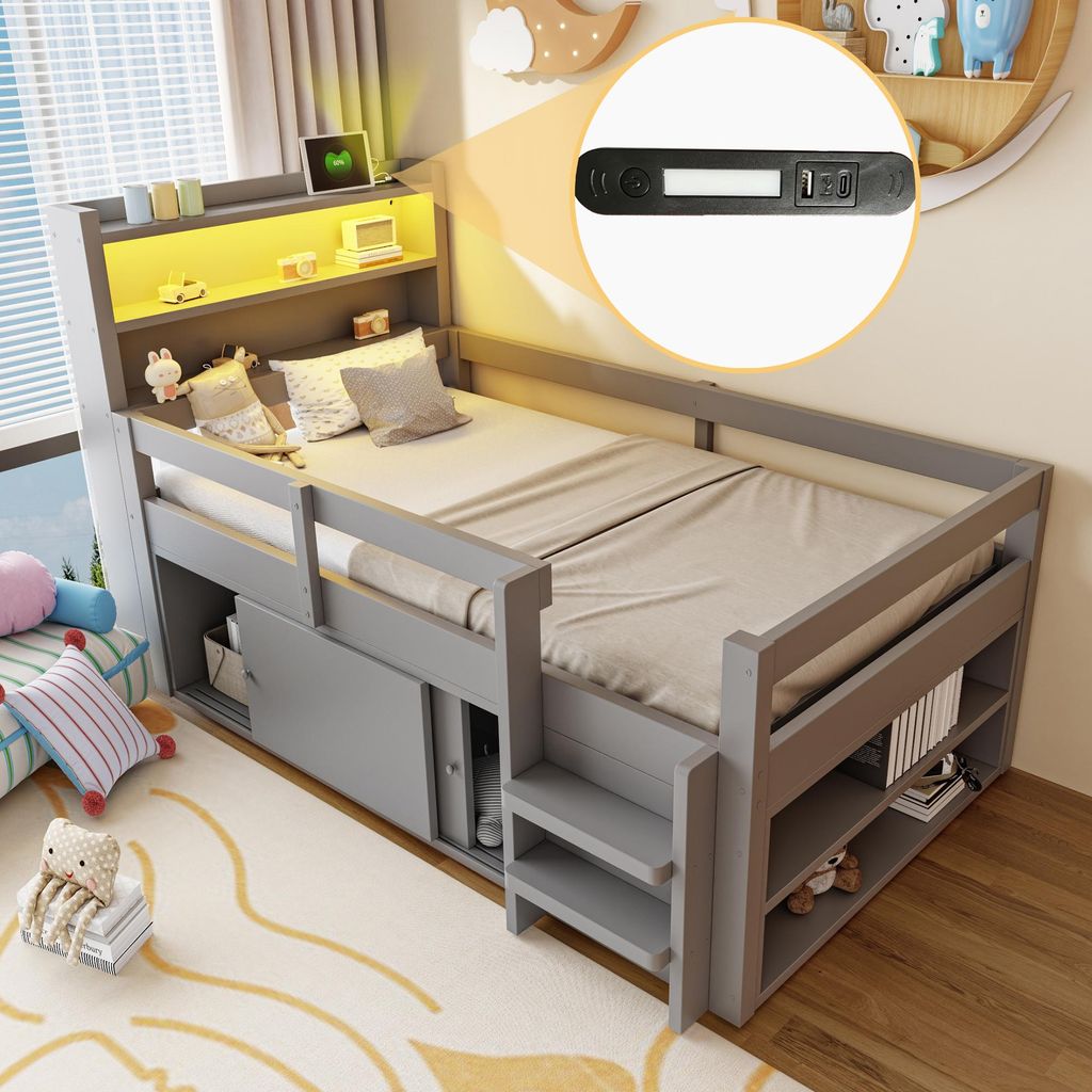 MODFU Kinderbett 90 x 200 mit Schutzgitter,Multifunktionsbett mit Ablageflächen,Stauschränke und Staufächern,Jugendbett mit LED & USB-Anschluss,...
