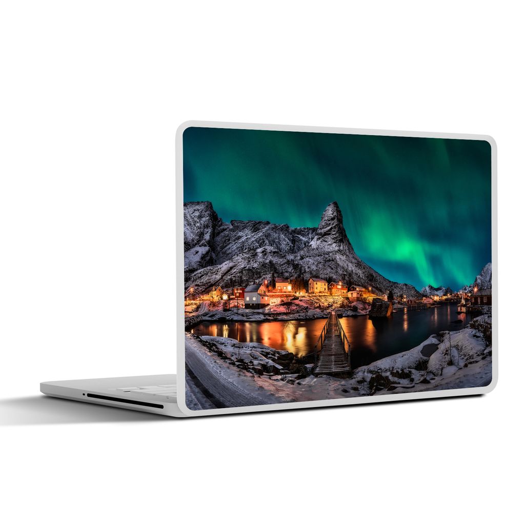 MuchoWow Laptop Aufkleber Sticker Cover Nordlicht - Island - Schnee - Dorf - Grün - Berge 36.5x27.5 cm - Laptop-Sticker